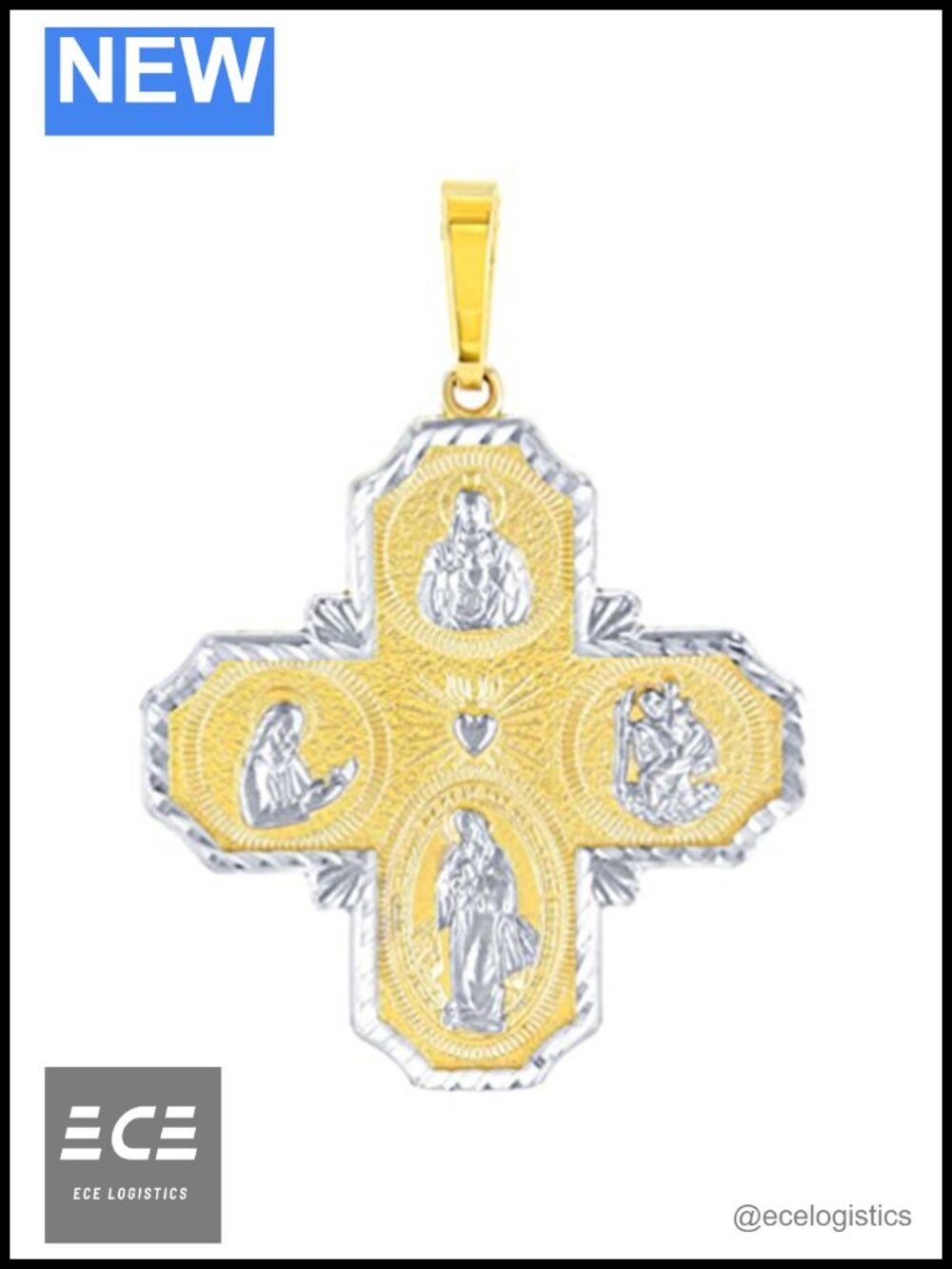 14K Yellow Gold Four Way Cross Charm I Am Catholic Pendant